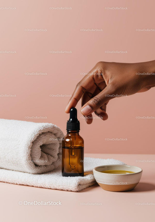 Skincare Dropper Bottle with Towel and Oil in Spa or Wellness Setting JPG Mockup Image