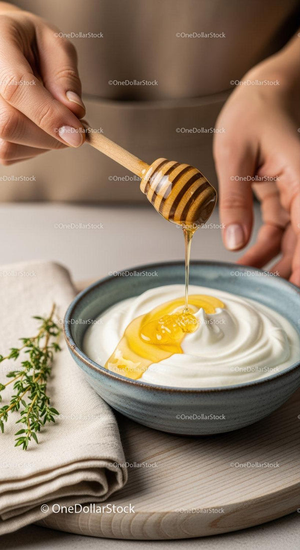 Honey Dripping into Creamy Yogurt in Ceramic Bowl
