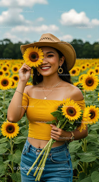 Happy Woman Smiling With Sunflowers in a Bright Field