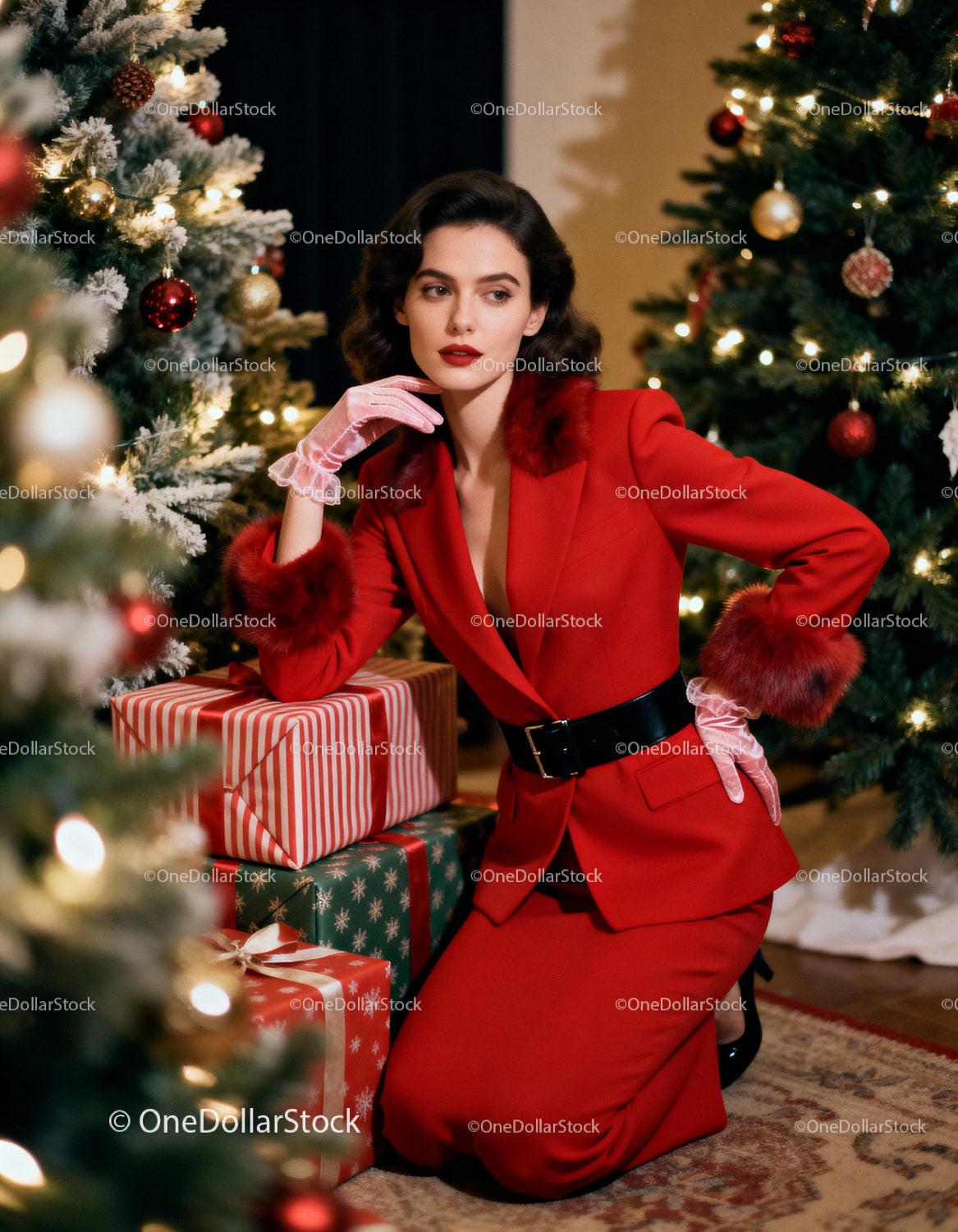 Elegant woman in red suit with Christmas gifts