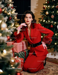 Elegant woman in red suit with Christmas gifts