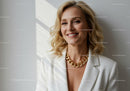 Elegant Blonde Woman in White Blazer with Gold Jewelry