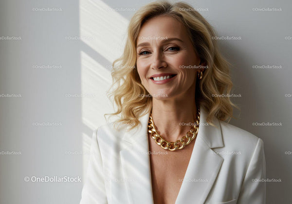 Elegancka Blondynka w Białej Marynarce z Złotą Biżuterią