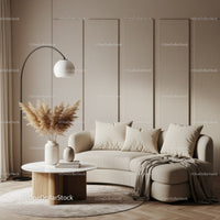 Cozy beige living room with modern curved sofa and decor