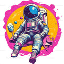 Colorful Astronaut Holding Ice Cream in Space with Galaxy Reflection