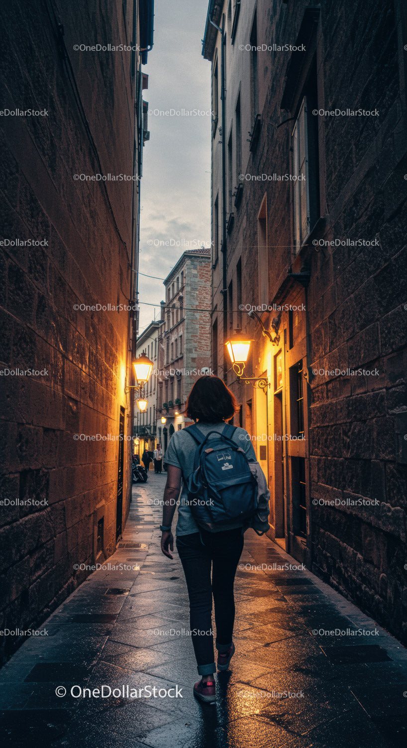Atmospheric Narrow City Alley at Twilight with Street Lamps and Woman Walking