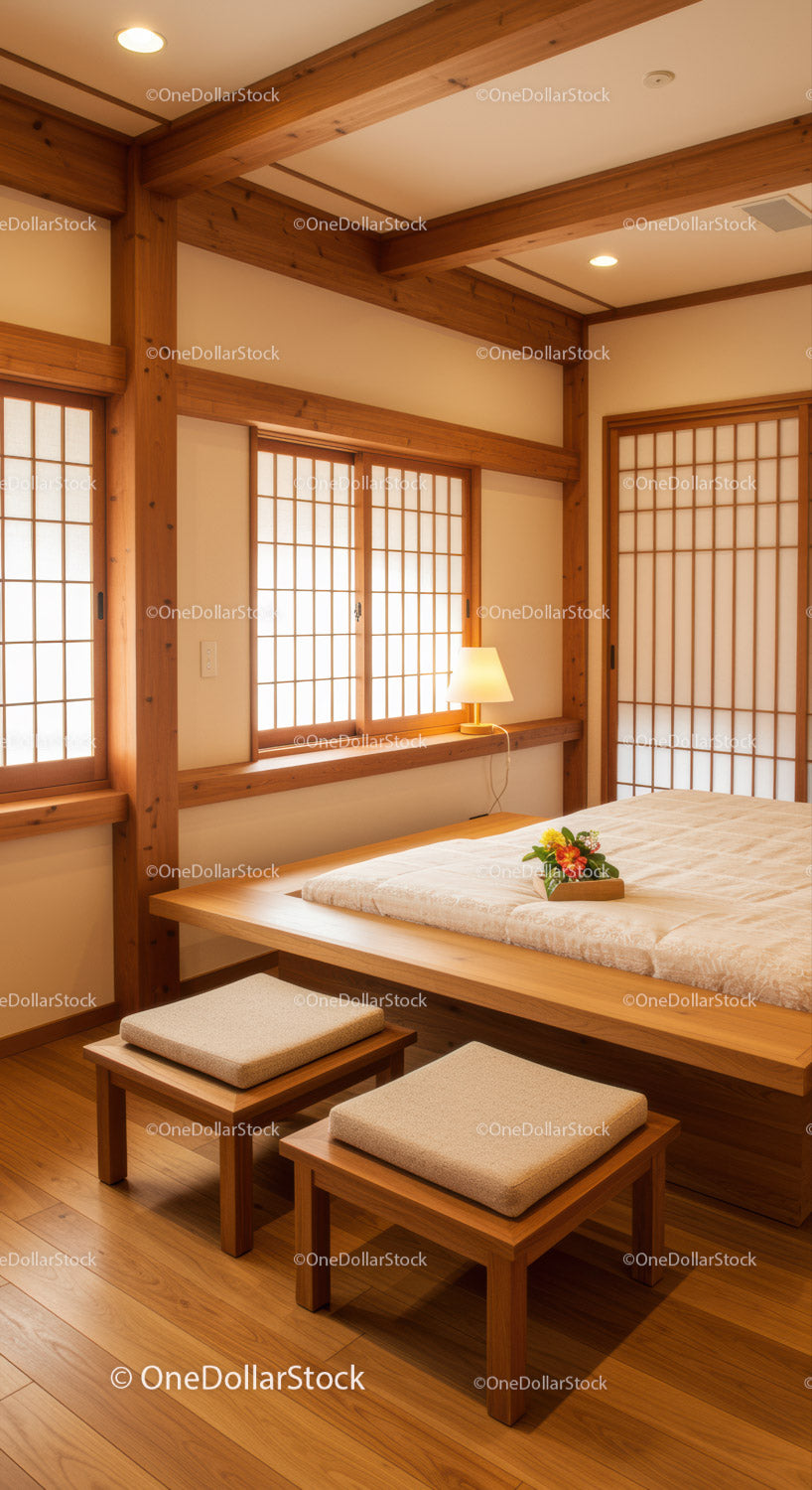Japanese Minimalist Bedroom with Tatami Mats and Shoji Screens