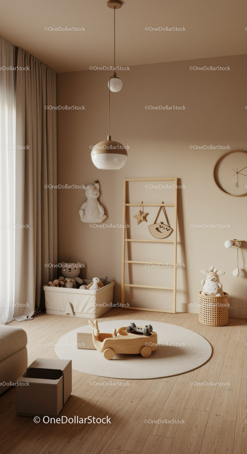 Cozy Modern Nursery with Wooden Toy Car and Plush Toys