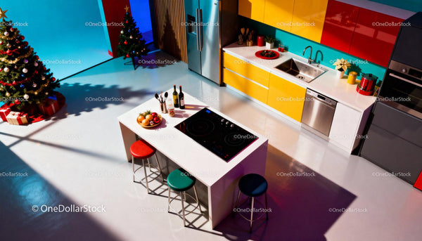 Modern kitchen with colorful cabinets and Christmas decor
