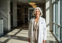 Senior Female Doctor Standing in Bright Modern Hospital Corridor