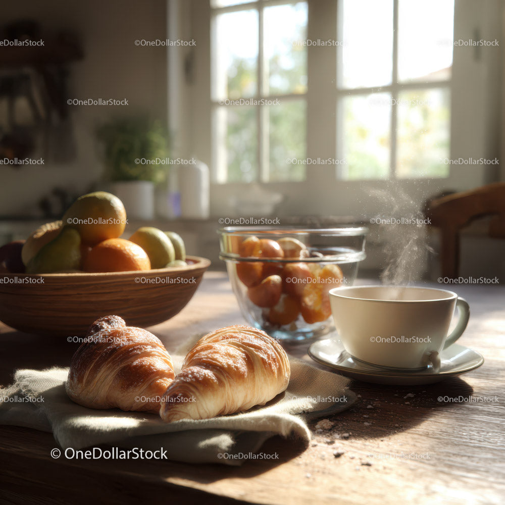 Cozy rustic kitchen with croissant and fresh fruit on sunlit wooden table