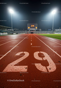 Empty illuminated running track at night with scoreboard