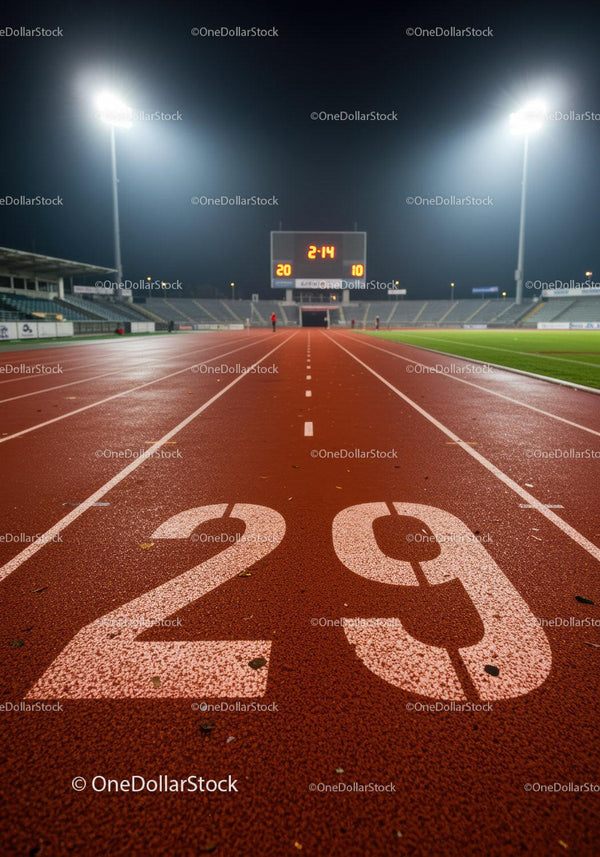Empty illuminated running track at night with scoreboard