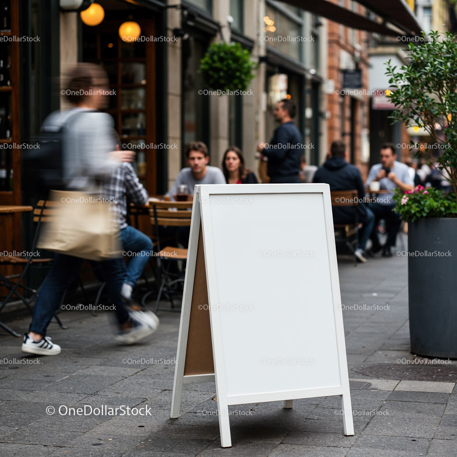 Blank Sidewalk Sign Outside Bustling Urban Cafe