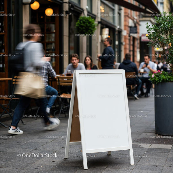 Blank Sidewalk Sign Outside Bustling Urban Cafe JPG Mockup Image