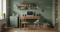 Modern Children's Study Area with Green Wall and Wooden Furniture