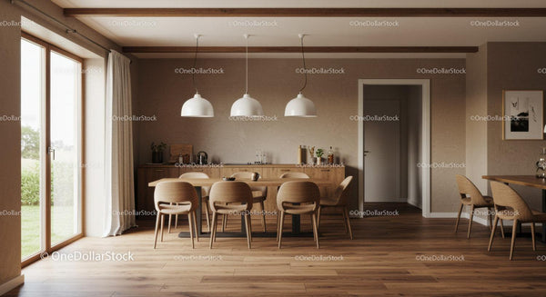 Modern Dining Room with Wooden Furniture and Bright Natural Light
