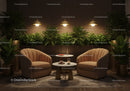 Cozy lounge area with plush chairs and greenery