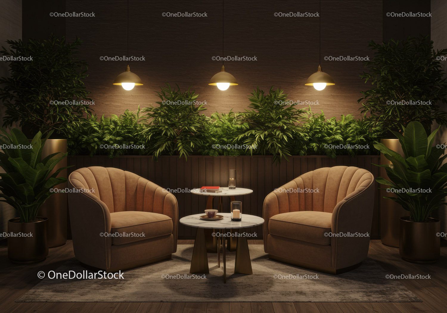 Cozy lounge area with plush chairs and greenery