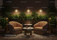 Cozy lounge area with plush chairs and greenery