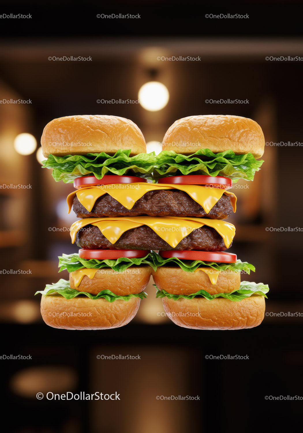 Stack of Double Cheeseburgers with Fresh Ingredients