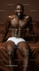 Smiling muscular man sitting on bed in white underwear