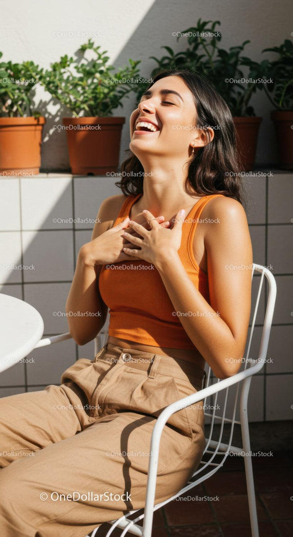 Joyful Woman Sitting Outdoors in Sunlight with Casual Style