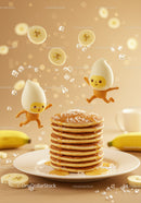 Stack of Pancakes with Animated Characters and Banana Slices