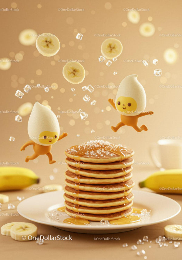 Stack of Pancakes with Animated Characters and Banana Slices