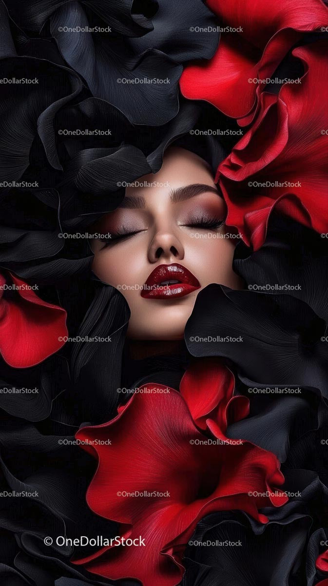 Elegant Woman with Red Lips Surrounded by Black and Red Petals
