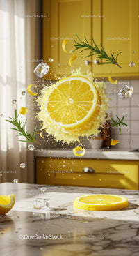 Fresh lemon slice splashing with herbs and ice cubes