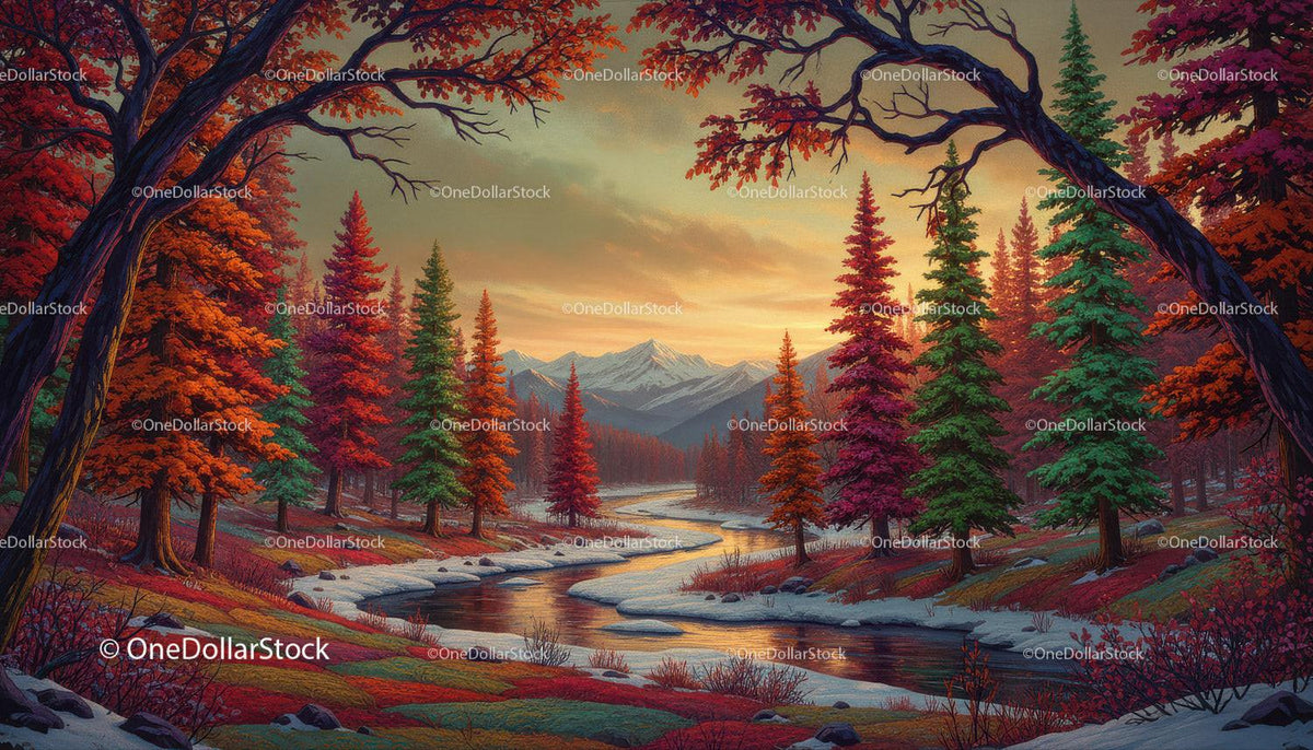Autumn river winding through colorful forest at sunset