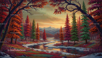 Autumn river winding through colorful forest at sunset