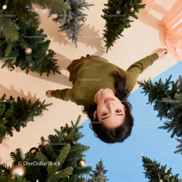 Young woman surrounded by decorated Christmas trees