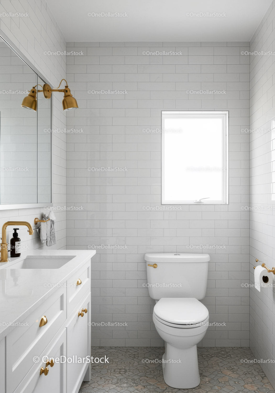 Minimalist Bathroom with White Tiles and Gold Fixtures