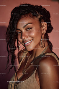 Joyful Smiling Woman with Braids and Golden Jewelry Portrait