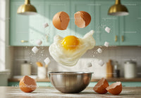 Floating cracked egg with sugar cubes over bowl