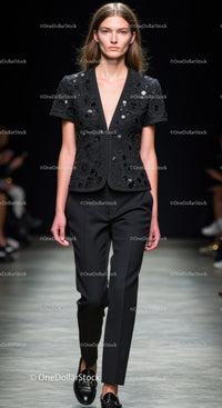 Elegant Black Blazer and Trousers Set on Fashion Runway Model
