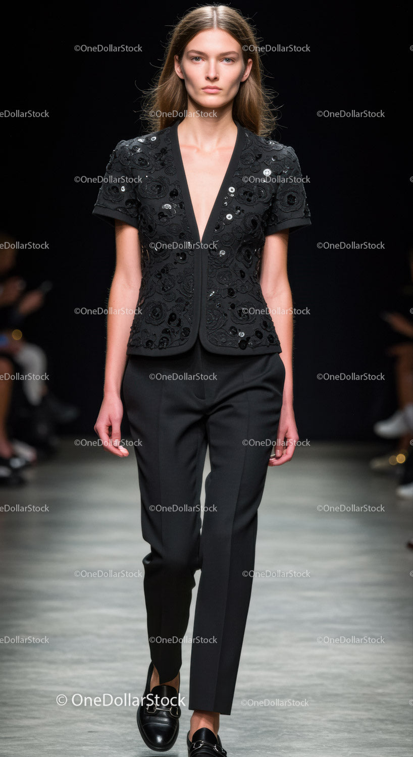 Elegant Black Blazer and Trousers Set on Fashion Runway Model