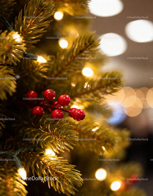 Close-up of Christmas Tree Branch with Red Berries and Lights