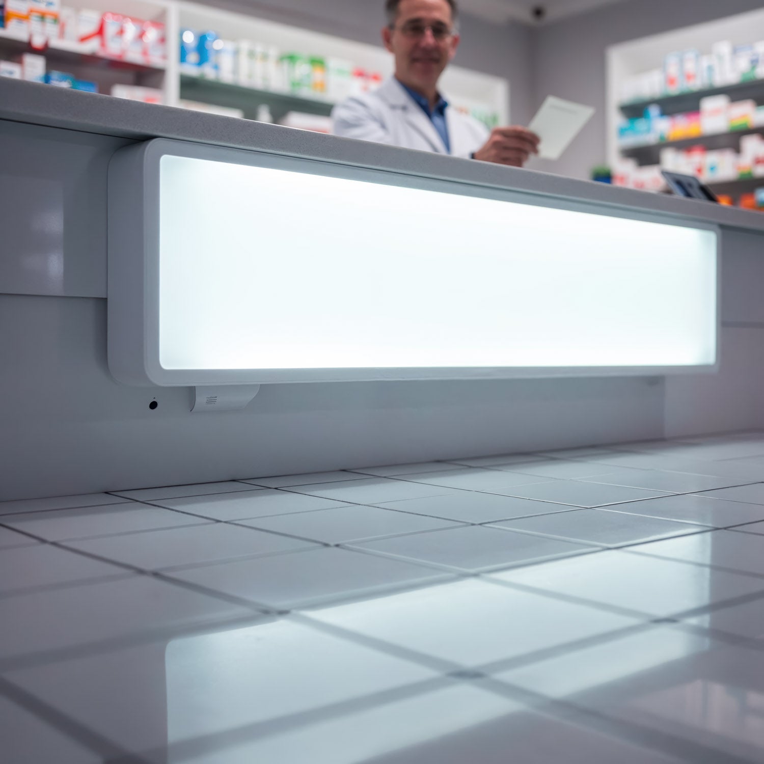 Pharmacist consulting prescription in modern pharmacy interior