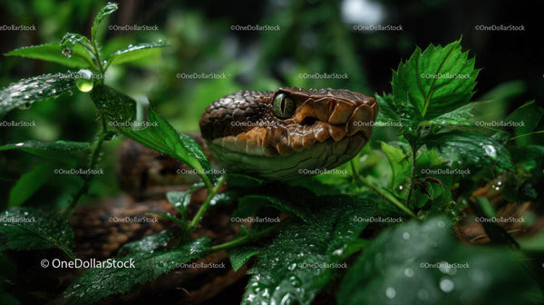 Close-up of a Camouflaging Snake Hidden Among Green Leaves