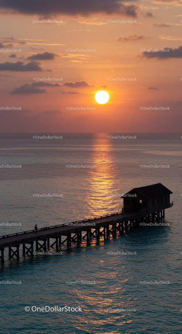 Sunset over Ocean with Pier and Dramatic Sky in Tranquil Scene