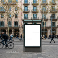 Blank urban billboard on busy street with historic buildings