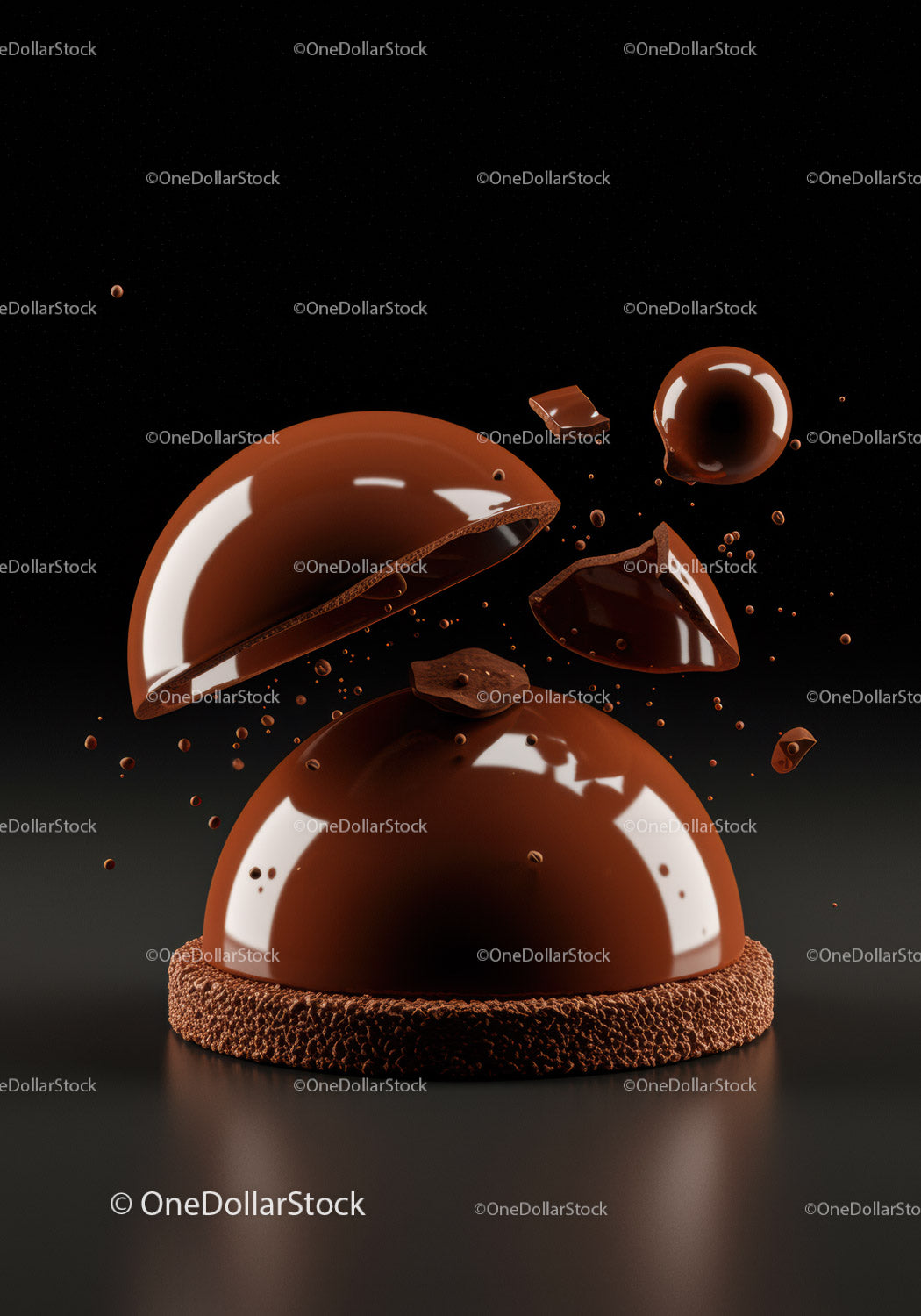 Exploded glossy chocolate dome dessert on textured base