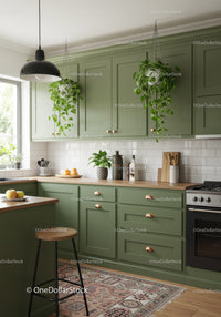 Modern Kitchen with Green Cabinets and Hanging Plants for Cozy Home