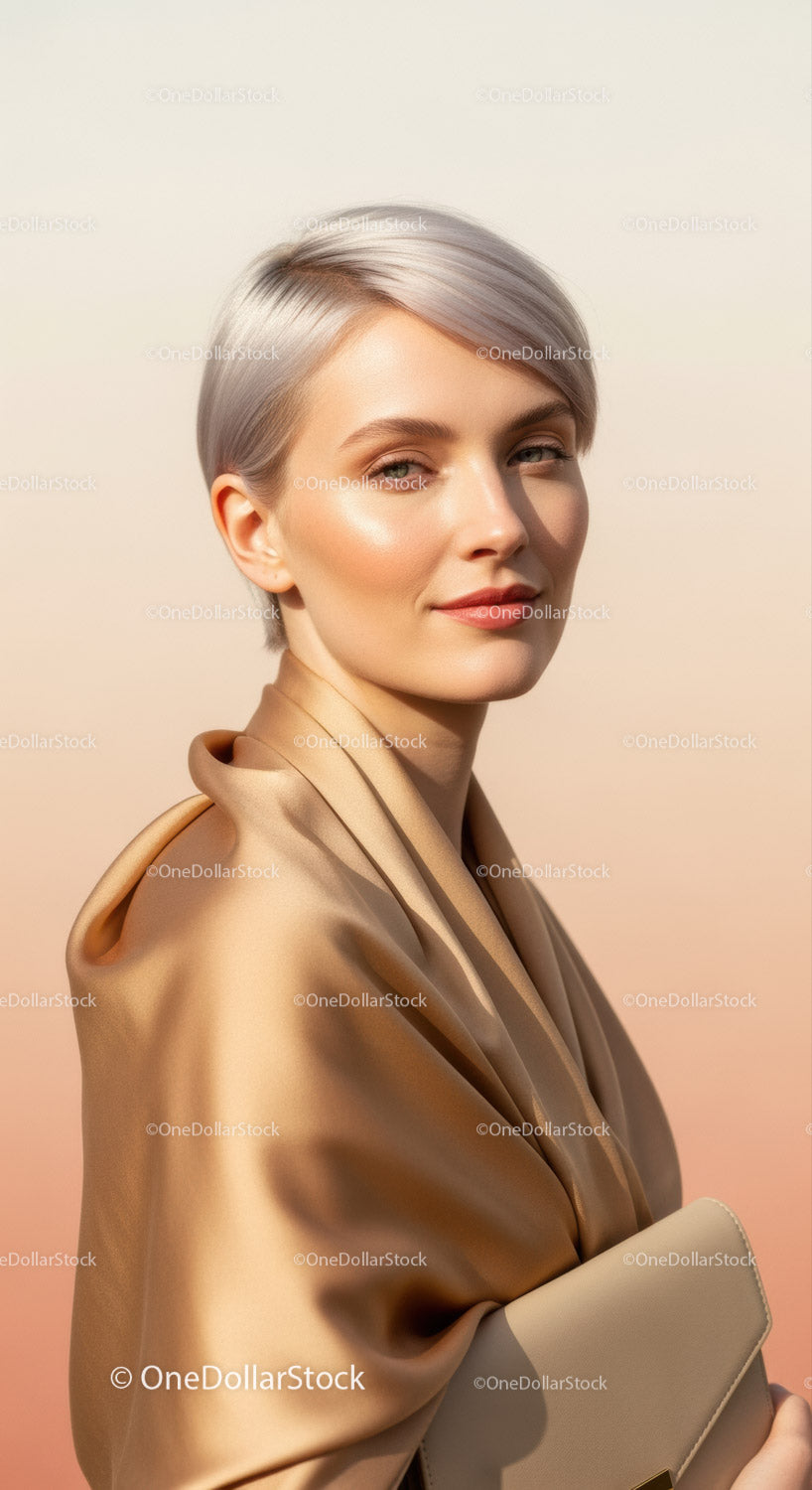 Elegancka blondynka w jedwabnej beżowej marynarce z nowoczesnym makijażem