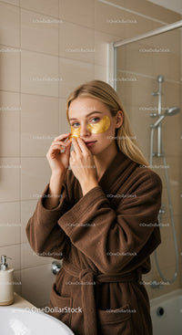 Woman Applying Gold Face Mask in Bathroom Spa Relaxation