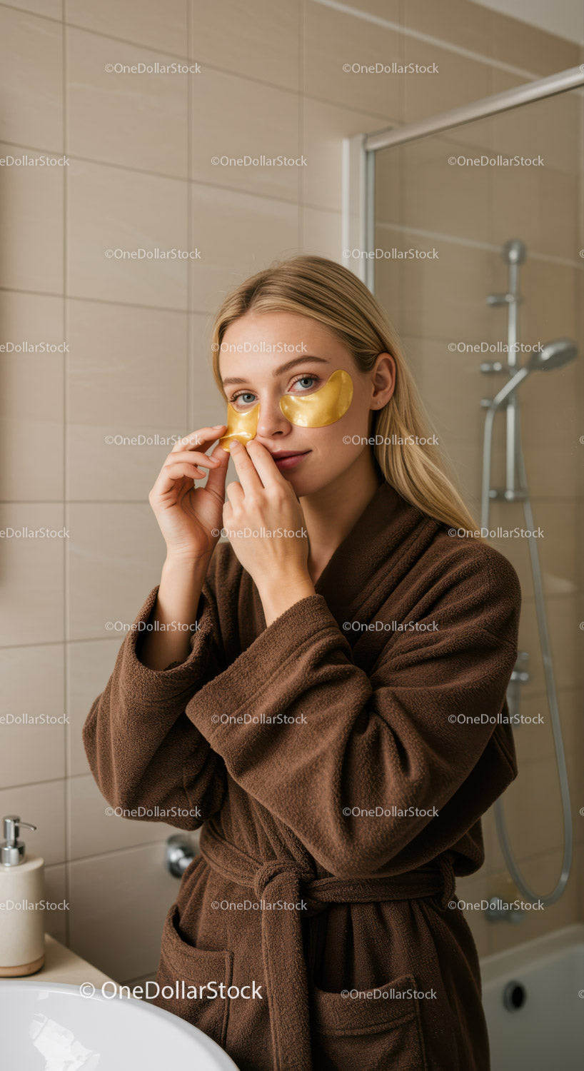 Woman Applying Gold Face Mask in Bathroom Spa Relaxation