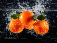 Fresh Orange Fruits with Green Leaves Splashing in Water